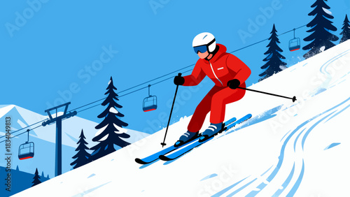 This vibrant flat-style illustration depicts a skier speeding down a snowy mountain slope, surrounded by pine trees and snow-capped peaks, capturing the energy of winter alpine sports.