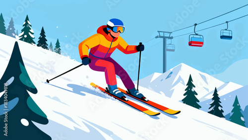 This vibrant flat-style illustration depicts a skier speeding down a snowy mountain slope, surrounded by pine trees and snow-capped peaks, capturing the energy of winter alpine sports.