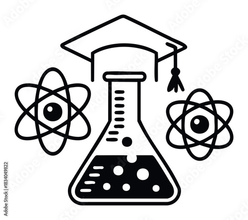 Educational symbols featuring atom, flask, and graduation cap for science and academic study concept, useful for learning and research related projects.