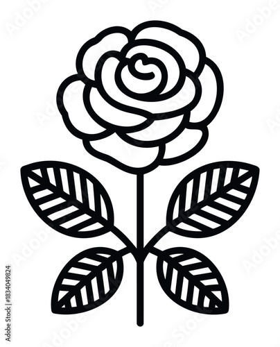 Black outline drawing of a rose with stem and leaves, perfect for floral symbols, nature motifs, and decorative accents in graphic projects.