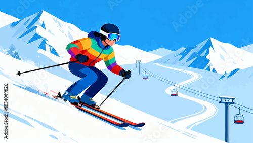 This vibrant flat-style illustration depicts a skier speeding down a snowy mountain slope, surrounded by pine trees and snow-capped peaks, capturing the energy of winter alpine sports.