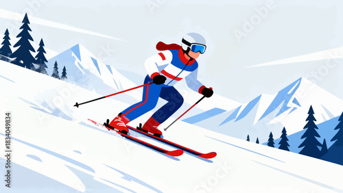 This vibrant flat-style illustration depicts a skier speeding down a snowy mountain slope, surrounded by pine trees and snow-capped peaks, capturing the energy of winter alpine sports.