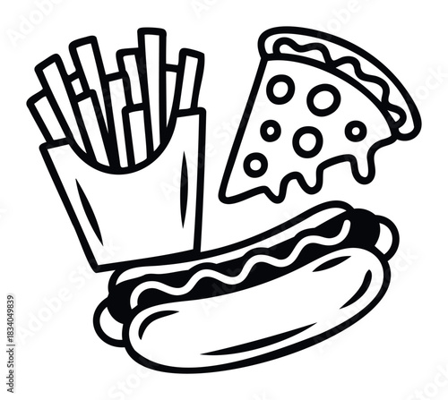 Iconic fast food items including french fries, a slice of pizza, and a hot dog presented in a modern graphic style for food marketing and promotional use.