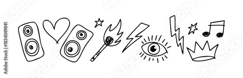 Set of hand drawn icons representing music, love, and celebration including speakers, heart, match, lightning bolt, eye, and crown perfect for creative projects and designs.