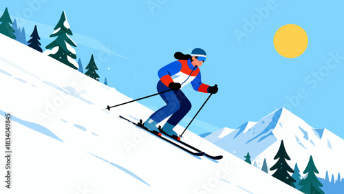 This vibrant flat-style illustration depicts a skier speeding down a snowy mountain slope, surrounded by pine trees and snow-capped peaks, capturing the energy of winter alpine sports.