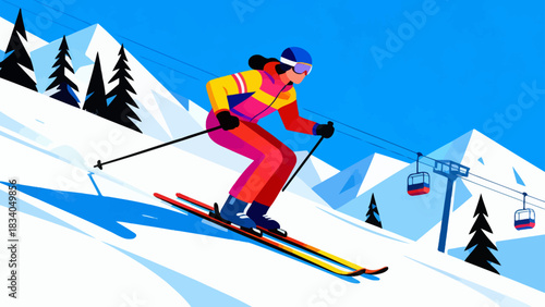 This vibrant flat-style illustration depicts a skier speeding down a snowy mountain slope, surrounded by pine trees and snow-capped peaks, capturing the energy of winter alpine sports.
