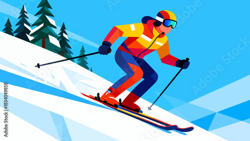 This vibrant flat-style illustration depicts a skier speeding down a snowy mountain slope, surrounded by pine trees and snow-capped peaks, capturing the energy of winter alpine sports.