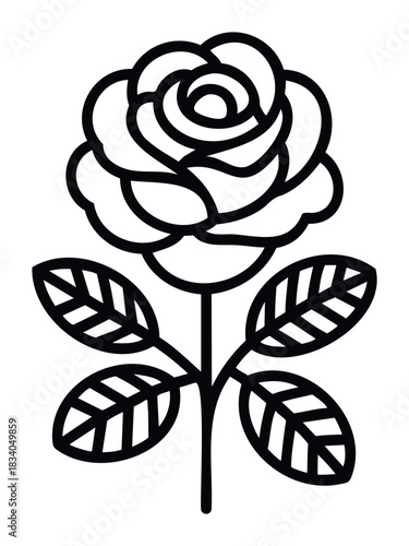 Simple black line art rose flower with leaves on stem, representing love, romance and nature, perfect for greeting cards, invitations and romantic occasions.