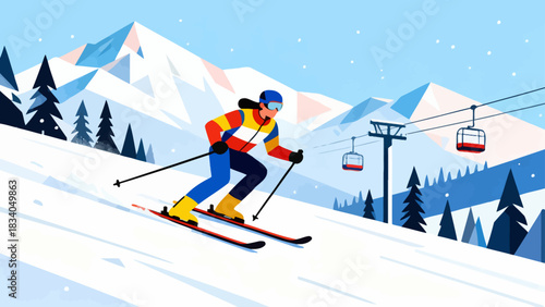 This vibrant flat-style illustration depicts a skier speeding down a snowy mountain slope, surrounded by pine trees and snow-capped peaks, capturing the energy of winter alpine sports.