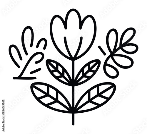 Stylized outline of a single flower with leaves and surrounding floral accents in a minimalist folk art style perfect for natural themes and organic branding
