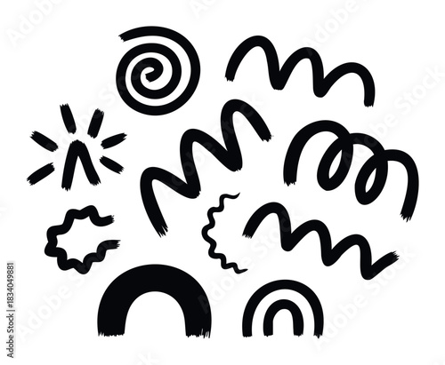 Collection of playful black abstract brush stroke shapes and elements for graphic use and decoration including a spiral, waves, and arcs.