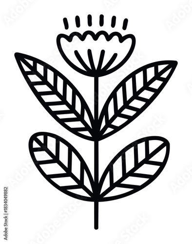 Simplified Black Outline Flower with Stem and Leaves Symbolizing Nature and Growth for Various Design Applications