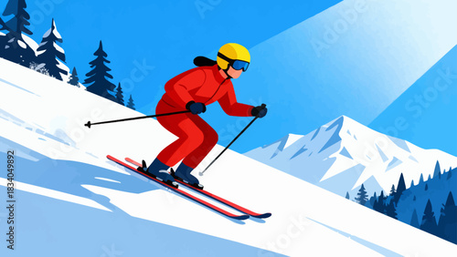 This vibrant flat-style illustration depicts a skier speeding down a snowy mountain slope, surrounded by pine trees and snow-capped peaks, capturing the energy of winter alpine sports.