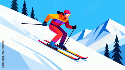 This vibrant flat-style illustration depicts a skier speeding down a snowy mountain slope, surrounded by pine trees and snow-capped peaks, capturing the energy of winter alpine sports.