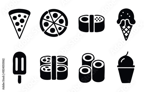 Collection of flat black icons depicting various foods like pizza, sushi, ice cream, and popsicle for menu or app use