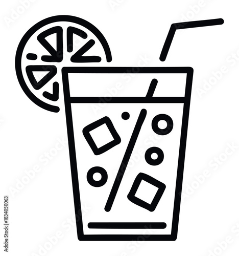 Black and white outline of a tall glass filled with ice cubes, liquid, and a straw, garnished with a lime slice, representing refreshment and beverages for ads