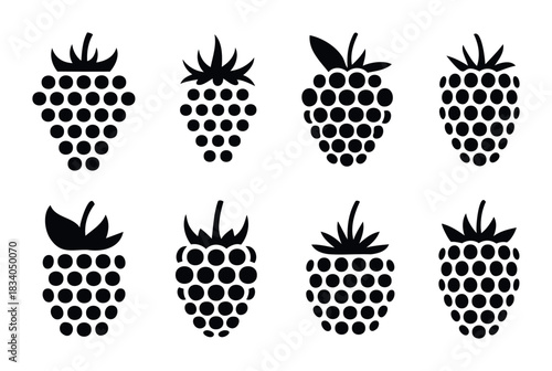 Collection of eight black berry icons with different leaf and stem variations, perfect for use in healthy food branding, organic product packaging, or summer fruit themes.