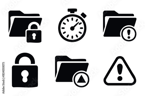 Collection of six black security icons representing locked folders, timers, and alerts for digital safety and system status in technology applications and online services