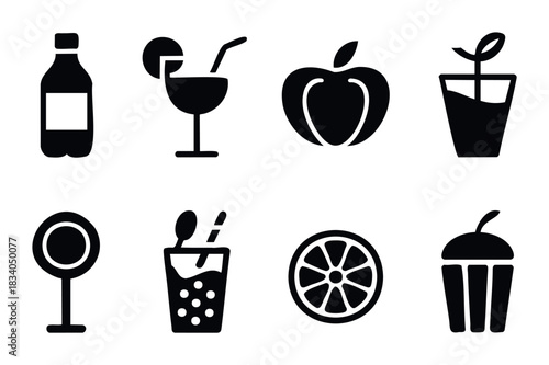Collection of eight black glyphs depicting beverages, food items, and a plant for use in various graphic and web applications.