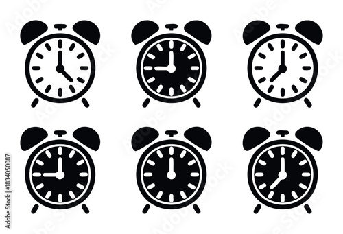 Six black and white alarm clock icons showing different times, perfect for use in time management or productivity concepts and applications.