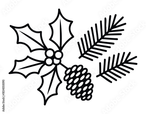 Festive winter holiday graphic of holly berries with pine needles and pinecone for seasonal decorations and greeting cards