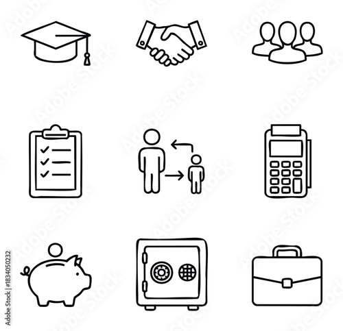 Collection of Business and Finance Icons including Graduation Cap, Handshake, People, Checklist, Piggy Bank, Safe, and Briefcase for Financial and Educational Concepts
