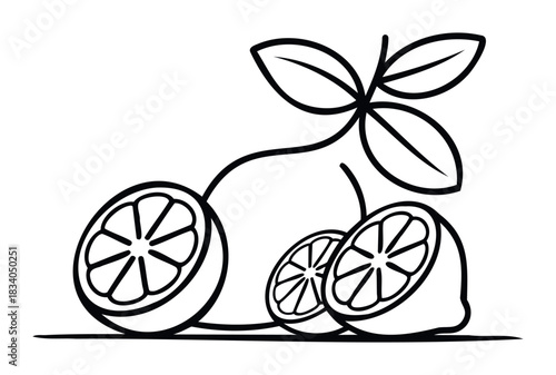 Fresh lemons sliced in half with stem and leaves symbolize healthy eating and vibrant citrus flavor, perfect for food and beverage marketing materials.