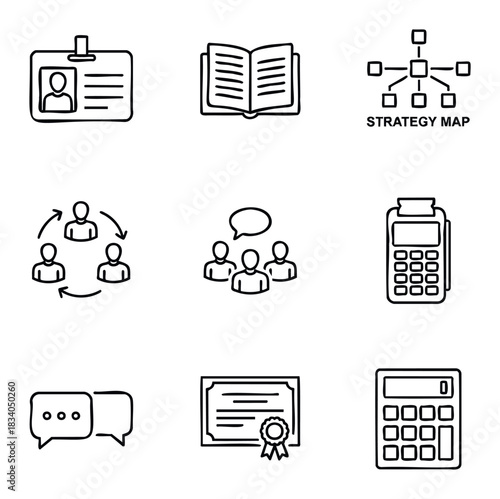 Collection of business and finance icons including identification badge, open book, strategy map, team collaboration, calculator, certificate, and chat bubbles for corporate presentations