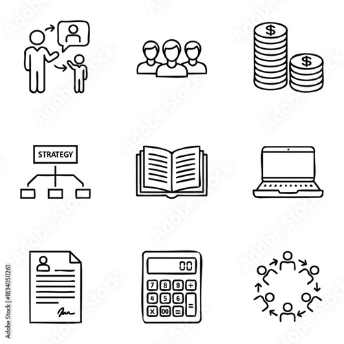 Set of business icons representing communication, teamwork, finance, strategy, knowledge, technology, resume, calculation, and collaboration for corporate presentations and infographics.
