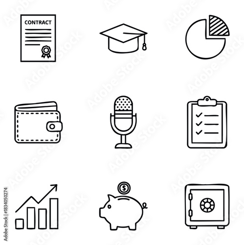 Set of nine business and finance icons including contract graduation cap pie chart wallet microphone checklist graph piggy bank and safe for presentations and web use