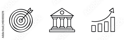 Set of outline icons depicting goal achievement, financial institution, and business growth with upward trending graph for presentations and financial concepts.