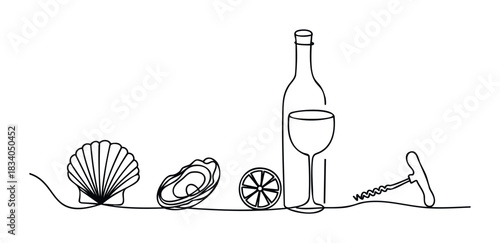 Minimalist one line drawing of a seashell oyster lemon slice wine bottle glass and corkscrew perfect for gourmet food and beverage themes