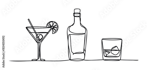 Minimalist line drawing of a martini glass with a lemon slice and straw, a liquor bottle, and a whiskey glass with ice, perfect for beverage advertising and hospitality promotions