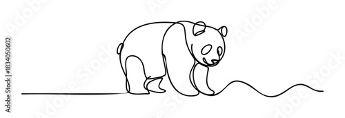 Minimalist line drawing of a playful panda cub walking with a wavy ground line, perfect for childrens media, nature themes, and cute animal graphics.