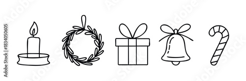 Holiday icons collection including candle, wreath, gift box, bell, and candy cane for festive celebrations and New Year promotions