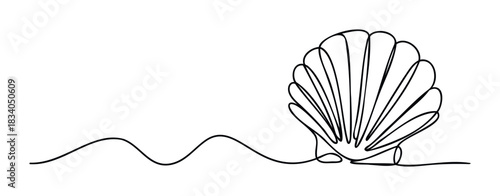 Minimalist continuous line drawing of a seashell resting on wavy sand, perfect for summer beach themes and oceaninspired promotions