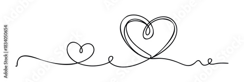 Minimalist continuous line drawing of two intertwined hearts symbolizing love and connection, perfect for romantic themes, greetings, and expressions of affection.