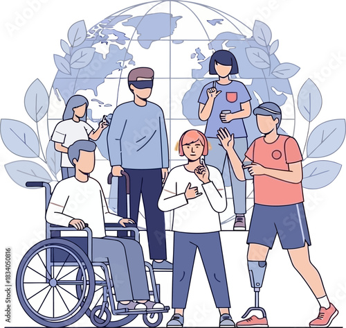 Diverse group of people with disabilities standing together in front of a stylized globe and foliage.