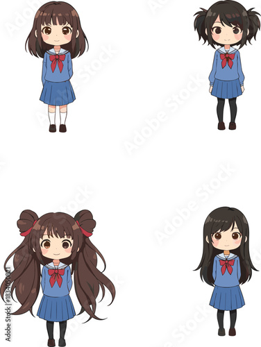 Cute anime schoolgirl characters in different hairstyles and poses, adorable chibi-style student illustrations, kawaii cartoon girls for design, comics, projects