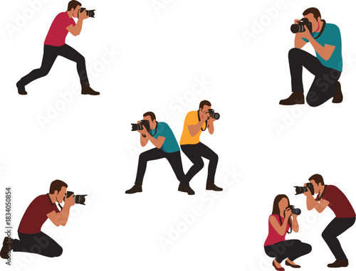 Professional photographers taking pictures in various dynamic poses, camera shooting positions illustration, creative photography concept artwork for media, training, tutorials, designs
