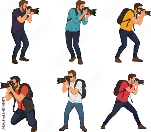 Male photographer characters in different shooting poses, camera operator illustrations, professional photographer actions, vector man taking photos for design projects