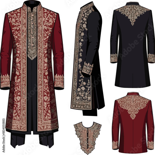 Isolated a various designs of wedding Sherwani vector art with a white background .