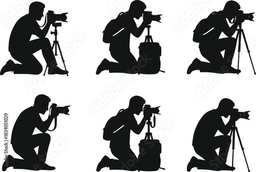 Silhouette kneeling photographers using cameras and tripods, professional photo shooting poses, backpack camera operators, creative photography illustration vector