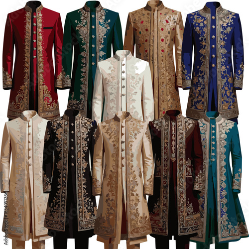 Isolated a various designs of wedding Sherwani vector art with a white background .