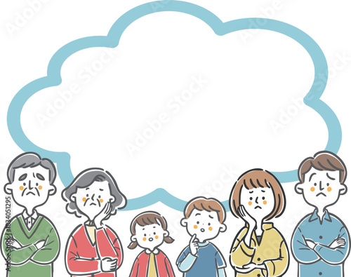 疑問を持つ三世代家族のイラスト　コピースペース　ベクター
