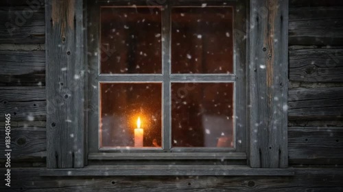 Warm Candlelight Glow Through Rustic Window on a Snowy Winter Night.
