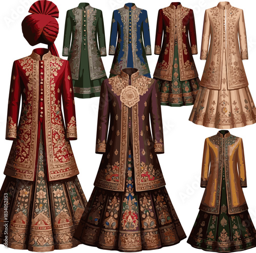 Isolated a various designs of wedding Sherwani vector art with a white background .