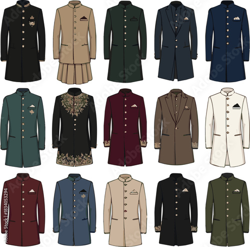 Isolated a various designs of wedding Sherwani vector art with a white background .