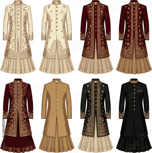 Isolated a various designs of wedding Sherwani vector art with a white background .