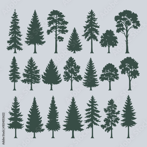 Collection of tree silhouettes on a simple background illustration